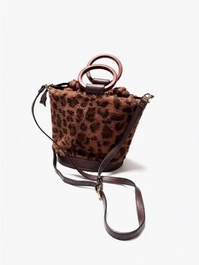 Faux Fur Leopard Bucket Bag with Double Ring Handle - Brown